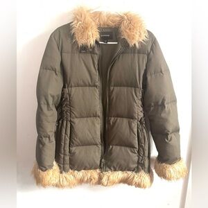 Express Womens Olive Green Faux Fur Trim Penny Lane Puffer Down Jacket Sz 10 M/L